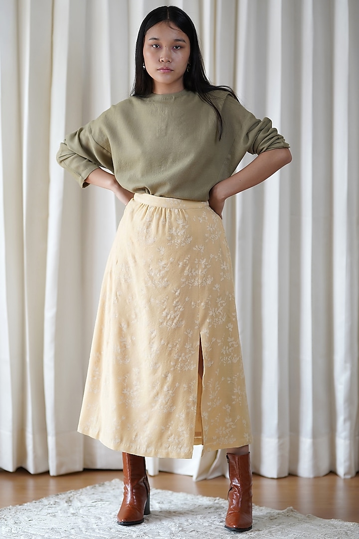 Yellow Wool Block Printed Slit Skirt Set by Shiori at Pernia's Pop Up Shop