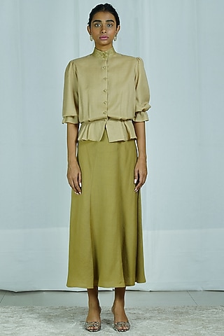 Green Wool Panelled Skirt Set by Shiori