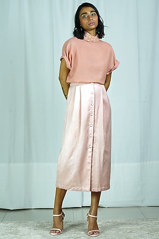 Pink Wool Button-Down Skirt Set by Shiori