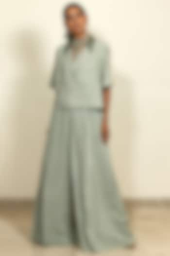 Sage Green Cotton Georgette Double-Breasted Cropped Jacket Set by Shiori at Pernia's Pop Up Shop