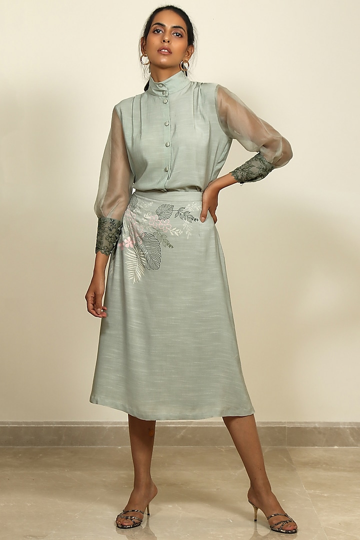 Sage Green Cotton Georgette Flared Skirt Set by Shiori