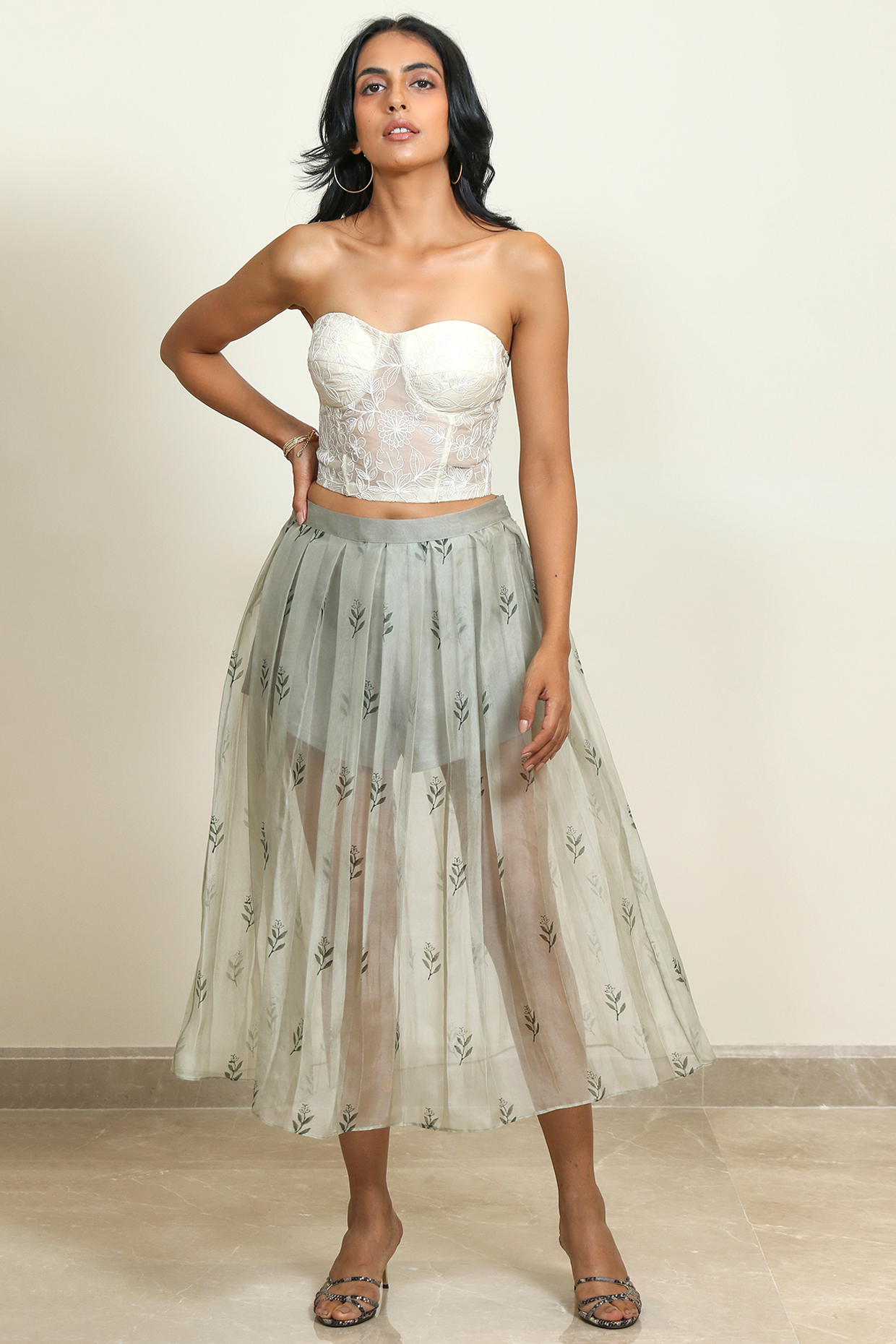 Ivory Organza Block Printed Pleated Skirt Set by Shiori at