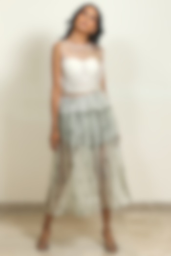 Ivory Organza Block Printed Pleated Skirt Set by Shiori at Pernia's Pop Up Shop