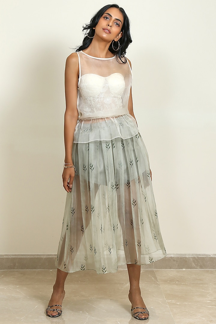 Ivory Organza Block Printed Pleated Skirt Set by Shiori at Pernia's Pop Up Shop