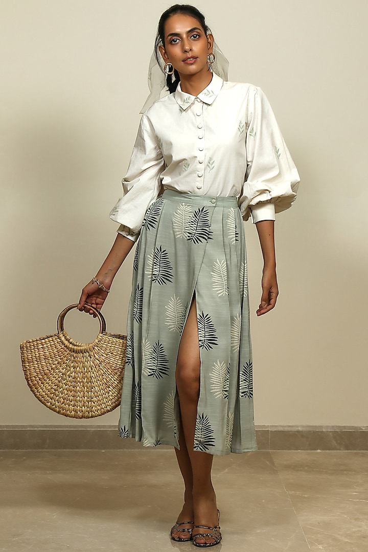 Green Cotton Georgette Block Printed Wrap Skirt Set by Shiori at Pernia's Pop Up Shop