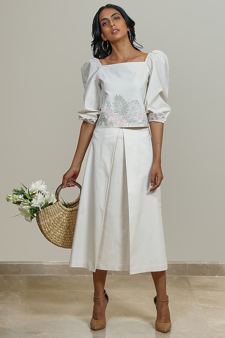 Ivory Cotton Twill Pleated Skirt Set by Shiori at Pernia's Pop Up Shop