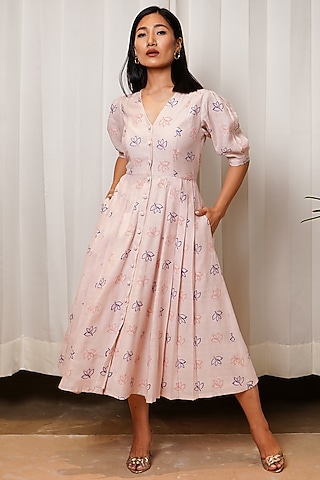 salmon pink midi dress EBLISE COLLARED BELTED MIDI DRESS coradomoda
