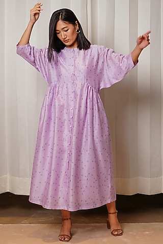 Lilac Chanderi Midi Dress by Shiori