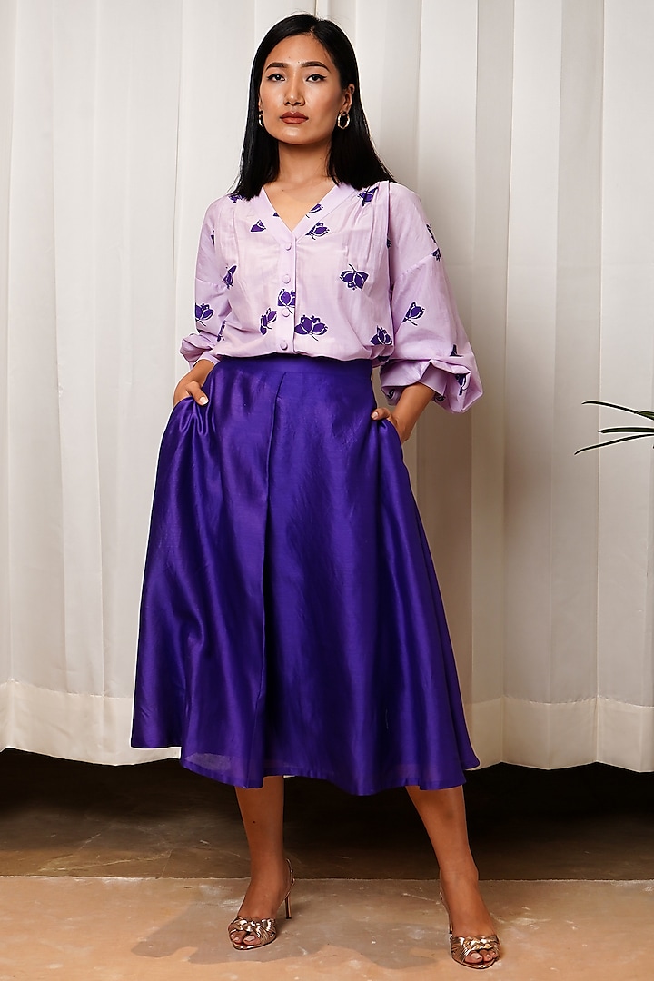 Purple Cotton SIlk Flared Skirt by Shiori
