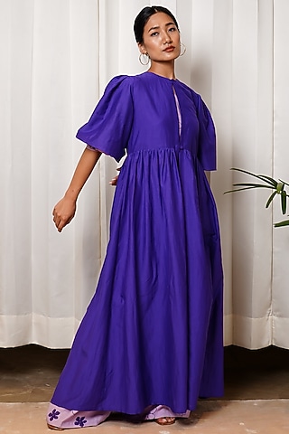 Purple Cotton SIlk Cape Dress by Shiori