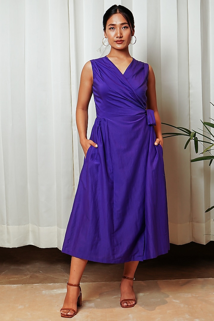 Purple Cotton Silk Wrap Dress by Shiori