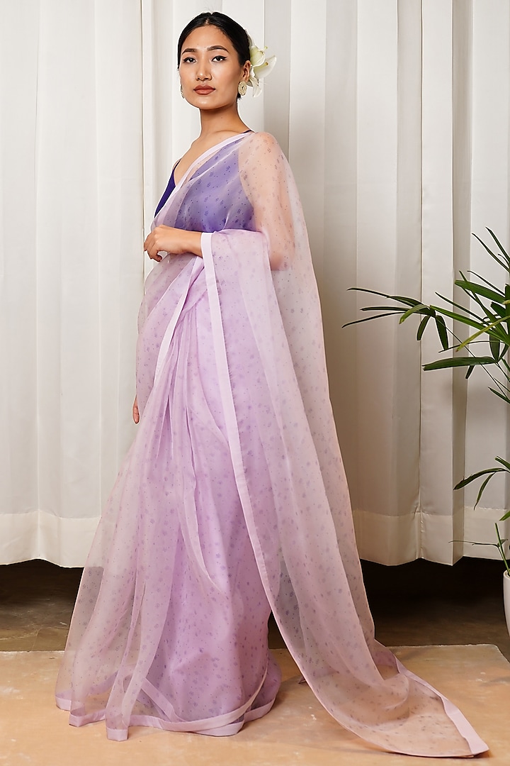 Lilac Silk Organza Block Printed Saree Set by Shiori at Pernia's Pop Up Shop