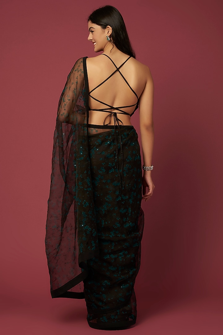 Black Silk Organza Printed Saree Set by Shiori at Pernia's Pop Up Shop