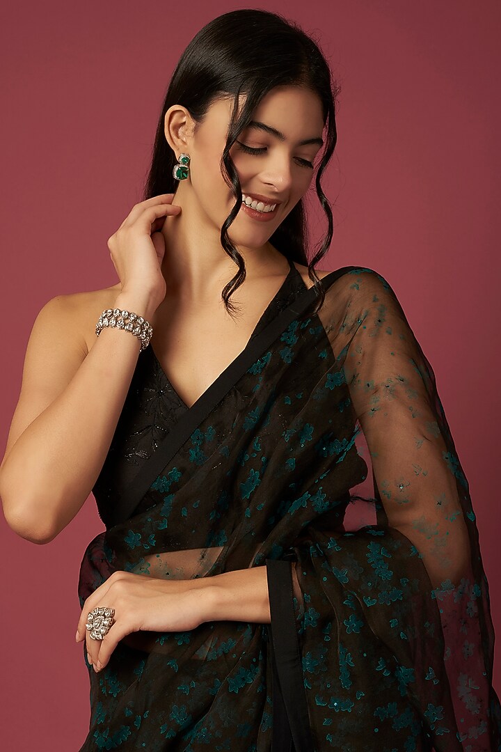 Black Silk Organza Printed Saree Set by Shiori at Pernia's Pop Up Shop