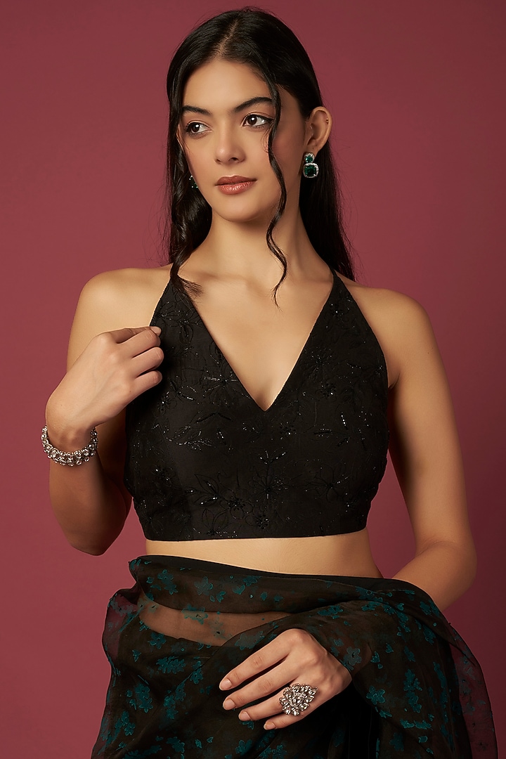 Black Silk Organza Printed Saree Set by Shiori at Pernia's Pop Up Shop