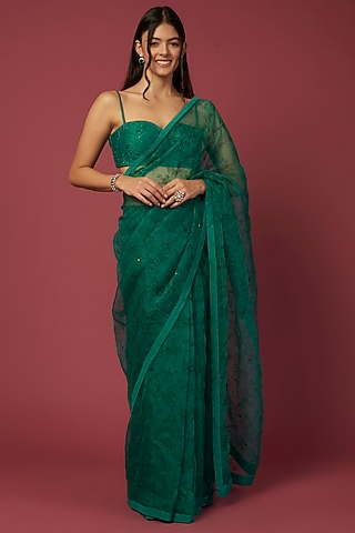 Emerald Green Silk Organza Floral Printed & Sequins Embroidered Saree Set by Shiori