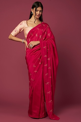 Rani Pink Embroidered Saree Set by Shiori