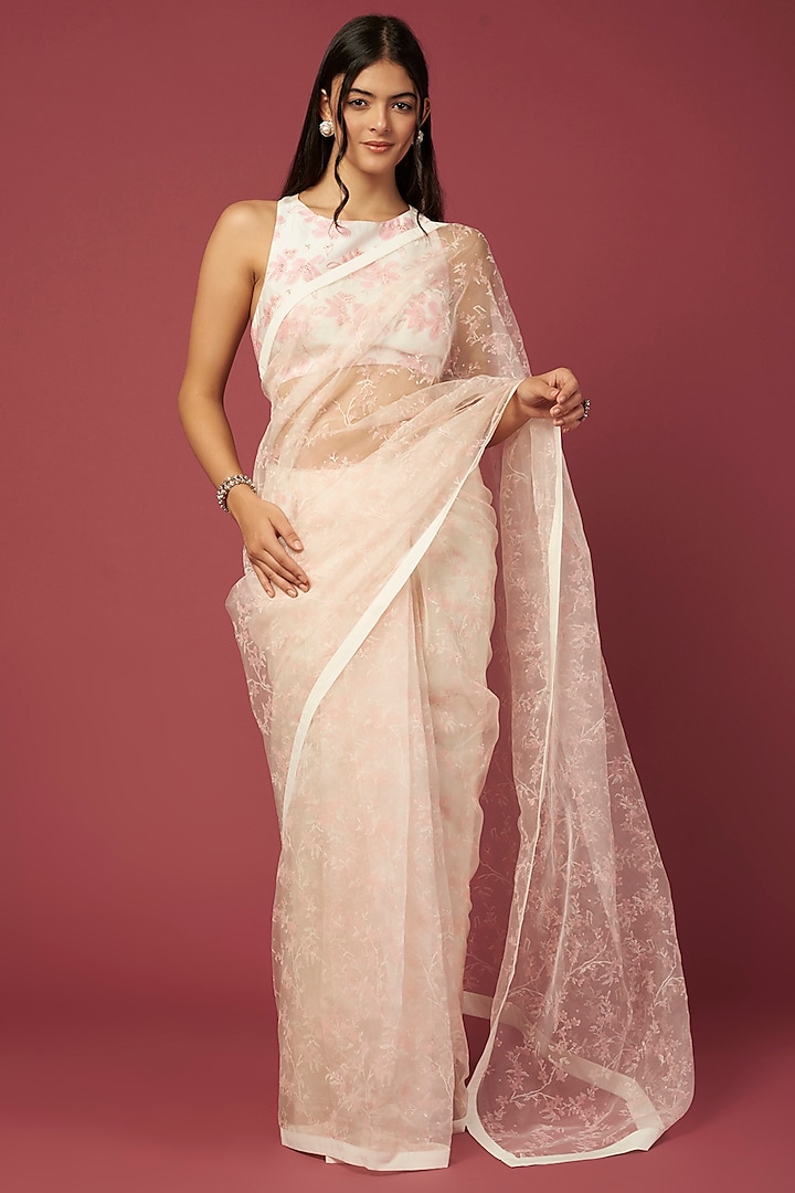 Ivory Floral Printed Saree Set by Shiori