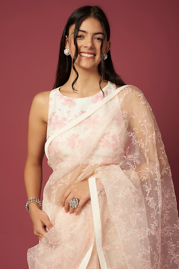 Ivory Floral Printed Party Wear Saree Set by Shiori at Pernia's Pop Up Shop
