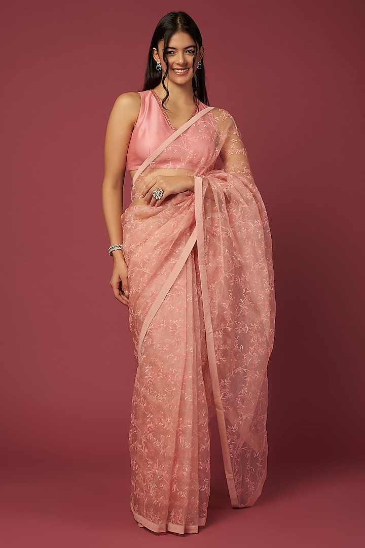 Peach Printed Saree Set by Shiori