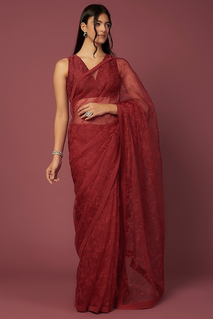 Ruby Red Silk Organza Floral Printed & Sequins Embroidered Saree Set by Shiori