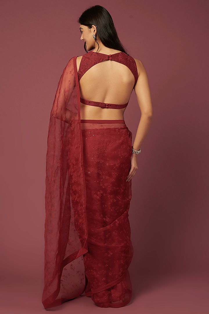 Ruby Red Silk Organza Floral Printed & Sequins Embroidered Party Wear Saree Set by Shiori at Pernia's Pop Up Shop