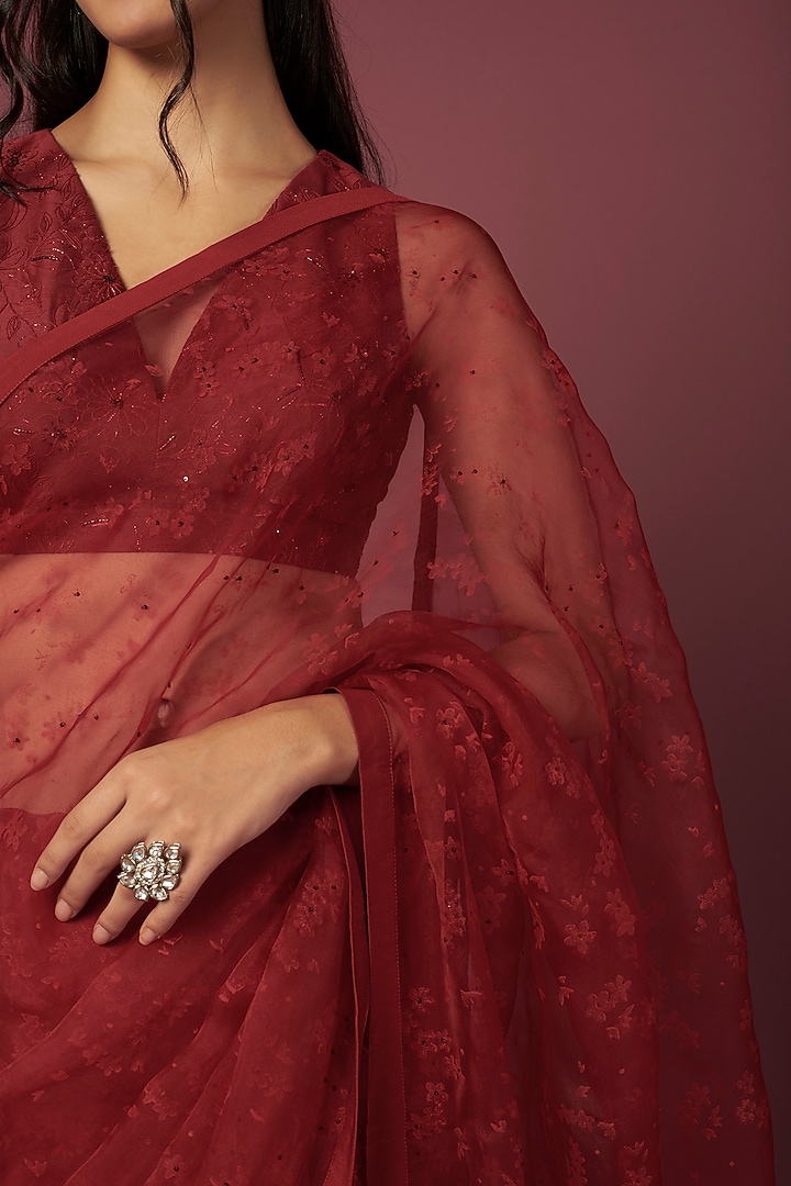 Ruby Red Silk Organza Floral Printed & Sequins Embroidered Party Wear Saree Set by Shiori at Pernia's Pop Up Shop