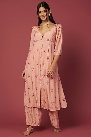 Peach Printed Straight Pants by Shiori