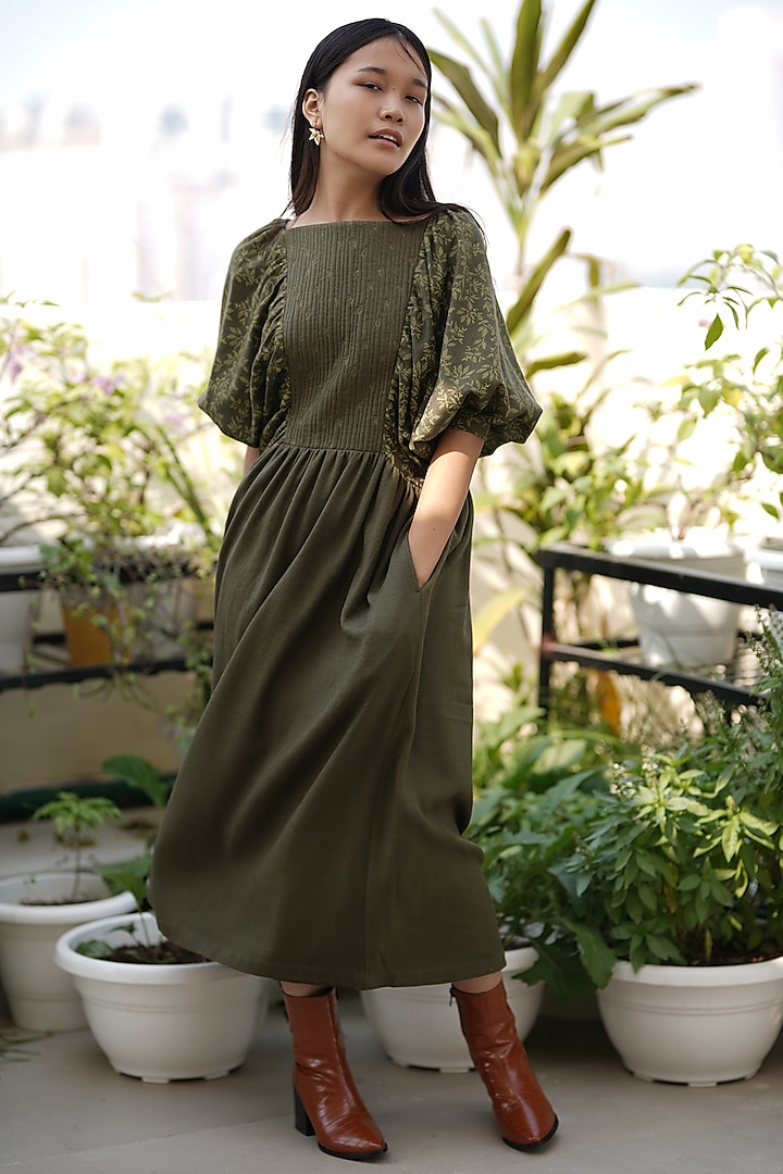 Olive Green Quilted Dress by Shiori