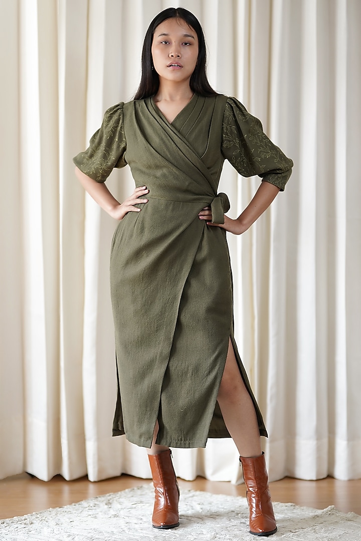 Olive Green Wrap Dress by Shiori