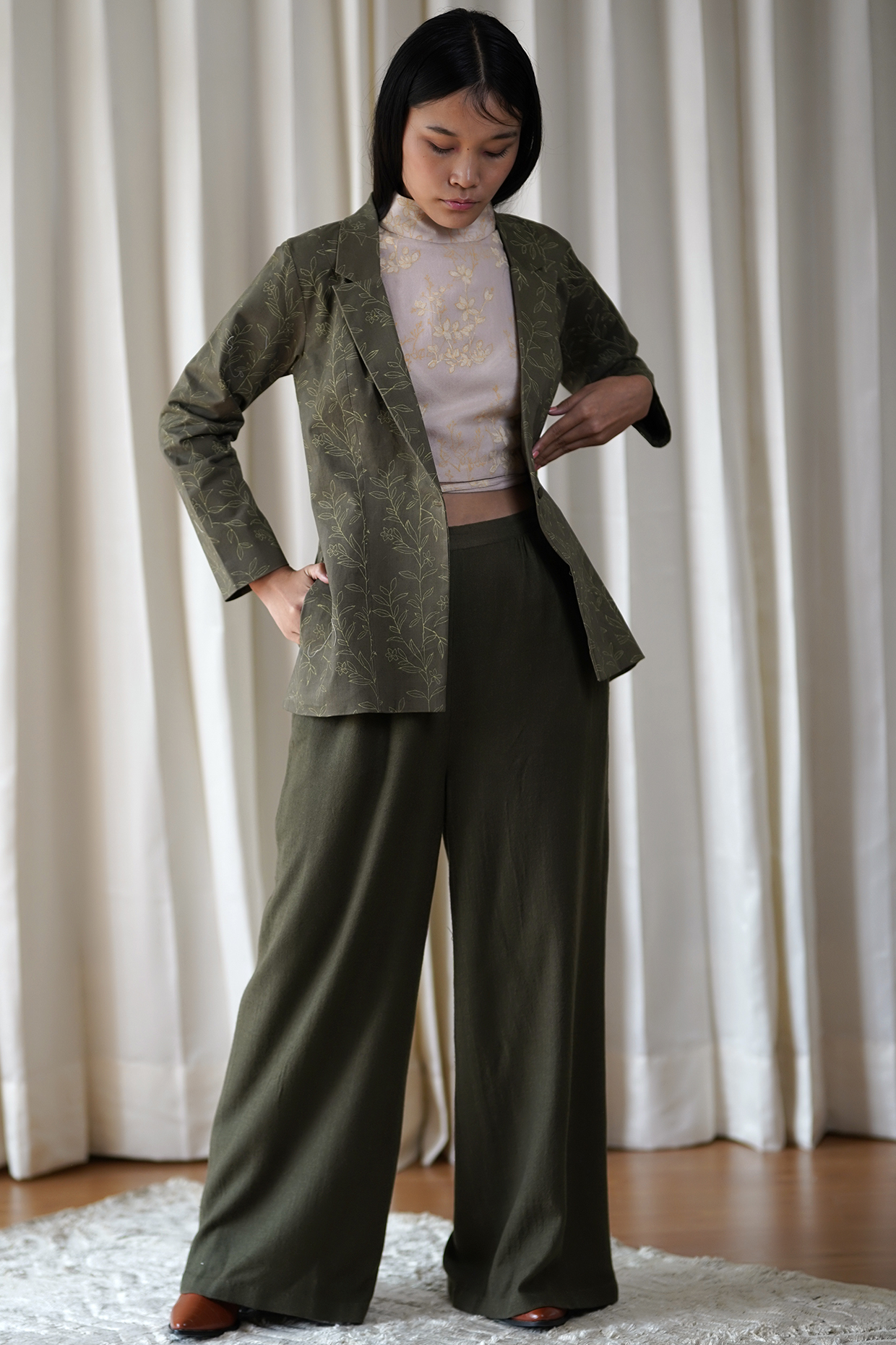 Olive Green Block Printed Blazer by Shiori at Pernia's Pop Up Shop