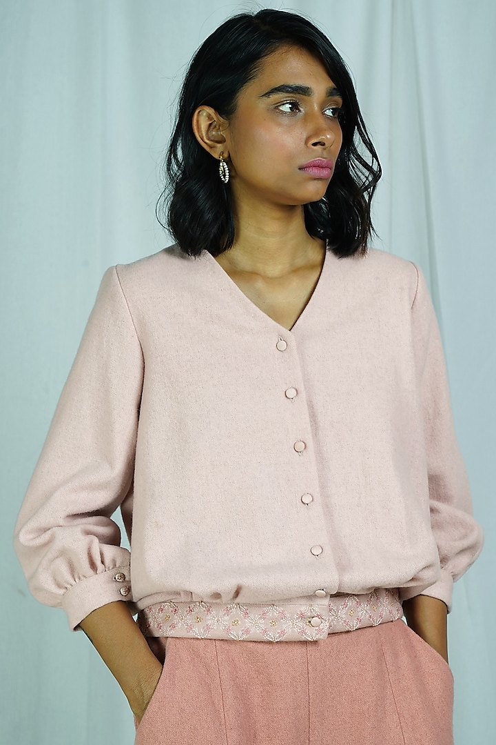 Pink Embroidered Cropped Jacket by Shiori
