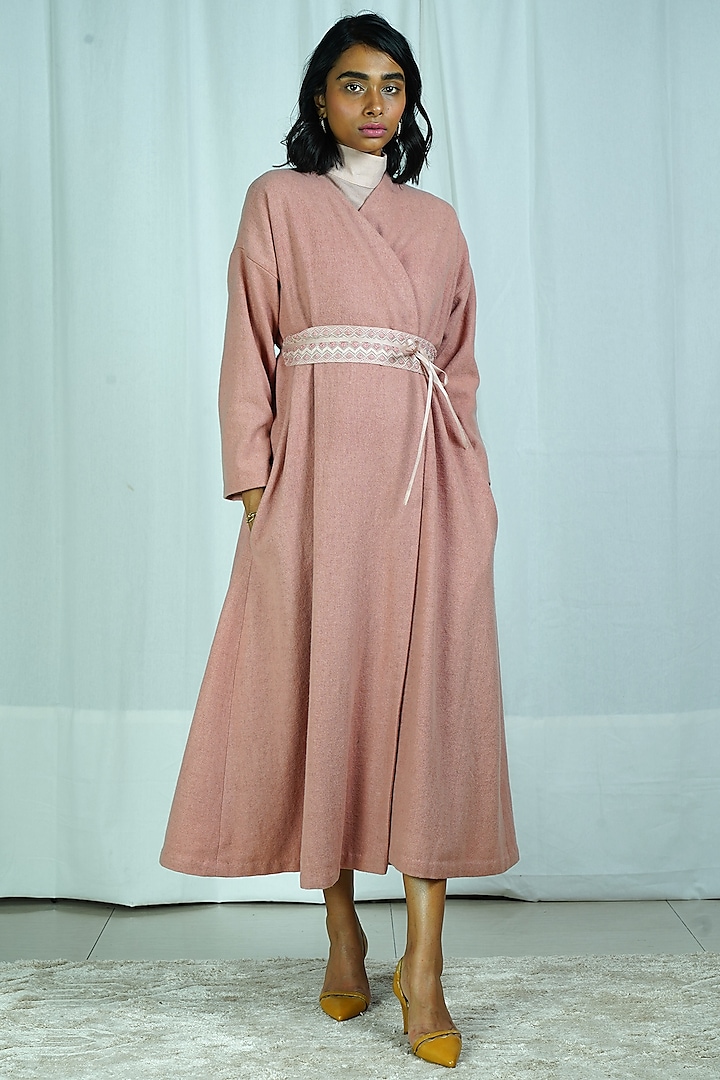 Pink Embroidered Woolen Coat by Shiori