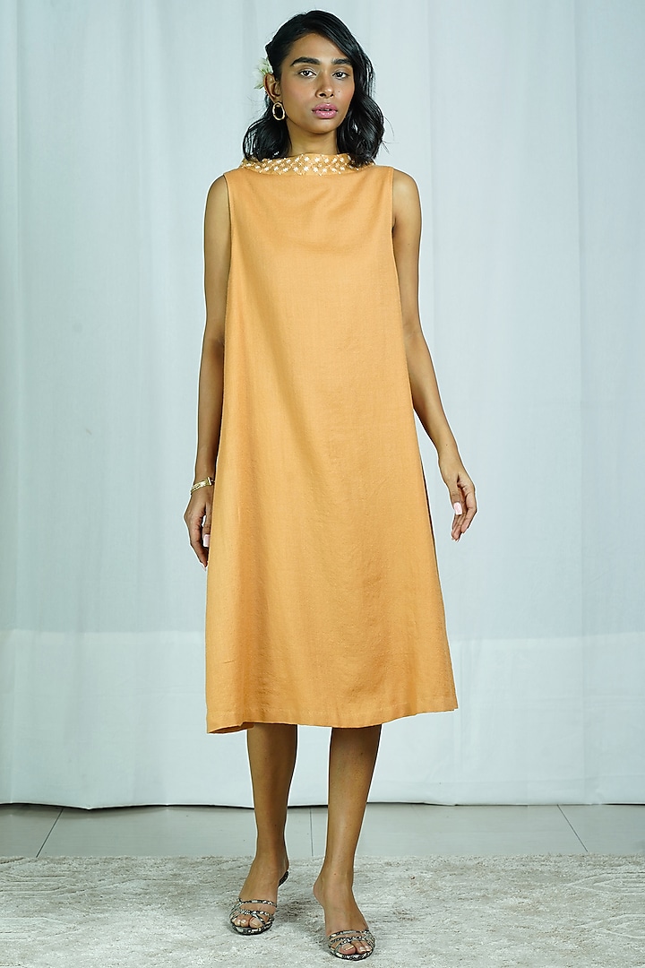 Yellow Embroidered Woolen Dress by Shiori