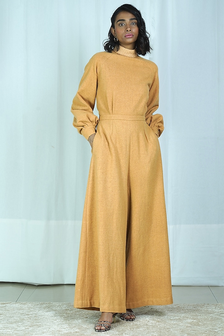 Yellow Embroidered Flared Jumpsuit by Shiori
