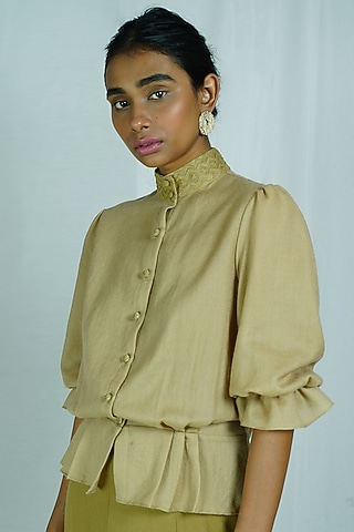 Green Embroidered Pleated Top by Shiori