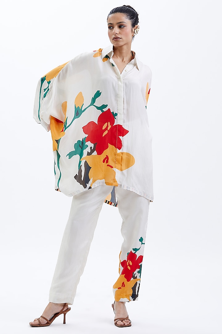 Ivory & Multi-Colored Habutai Silk Floral Printed Co-Ord Set by Sitaraa