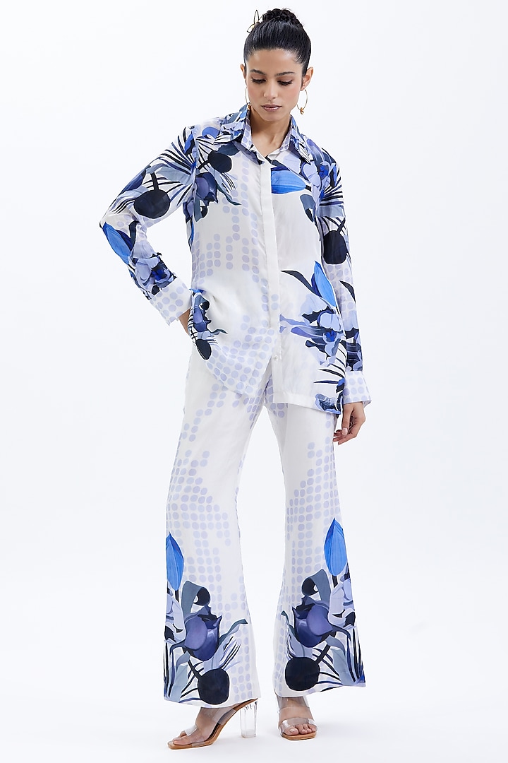 White & Blue Habutai Silk Floral Printed Co-Ord Set by Sitaraa