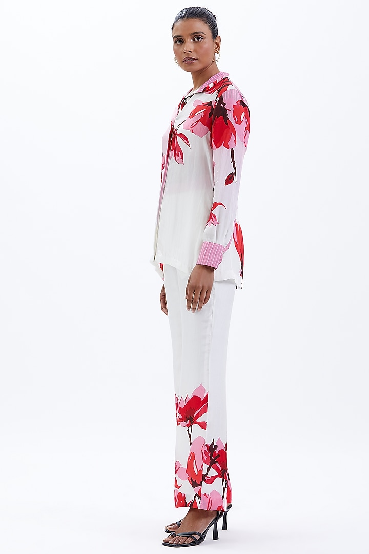 White & Red Habutai Silk Floral Printed Co-Ord Set by Sitaraa at Pernia's Pop Up Shop