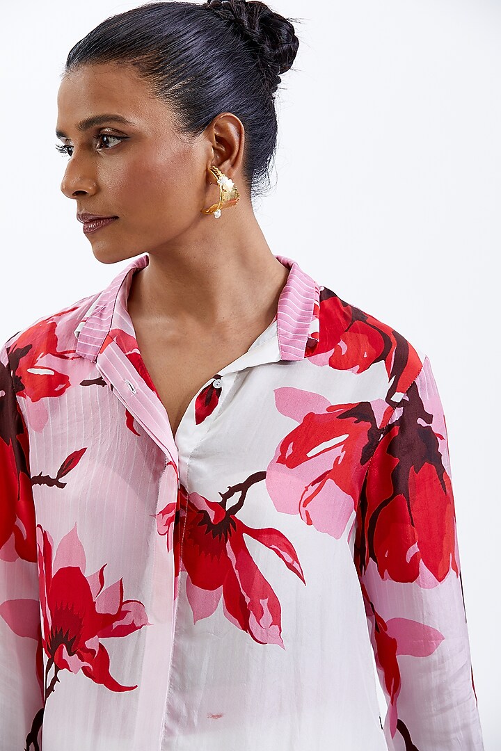 White & Red Habutai Silk Floral Printed Co-Ord Set by Sitaraa at Pernia's Pop Up Shop