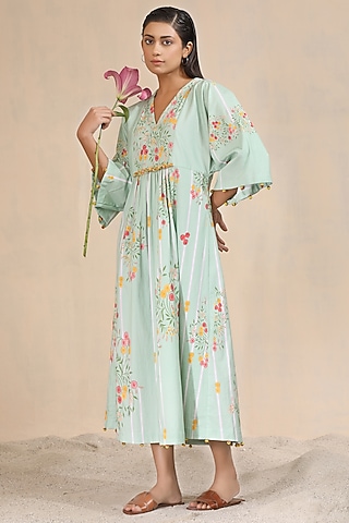 Green Chanderi Floral Printed Midi Dress by Sitaraa