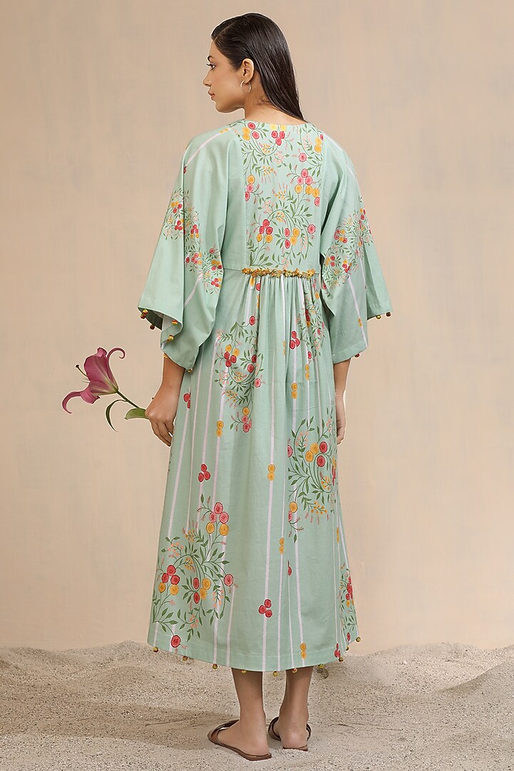 Green Chanderi Floral Printed Midi Summer Dress by Sitaraa at Pernia's Pop Up Shop