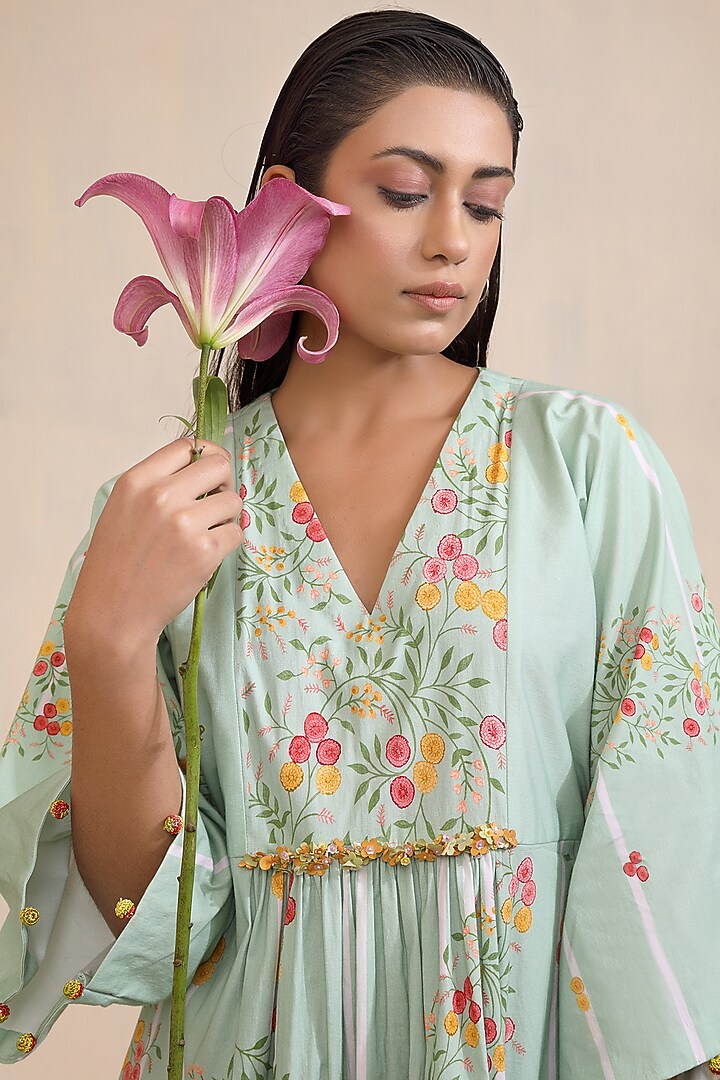 Green Chanderi Floral Printed Midi Summer Dress by Sitaraa at Pernia's Pop Up Shop