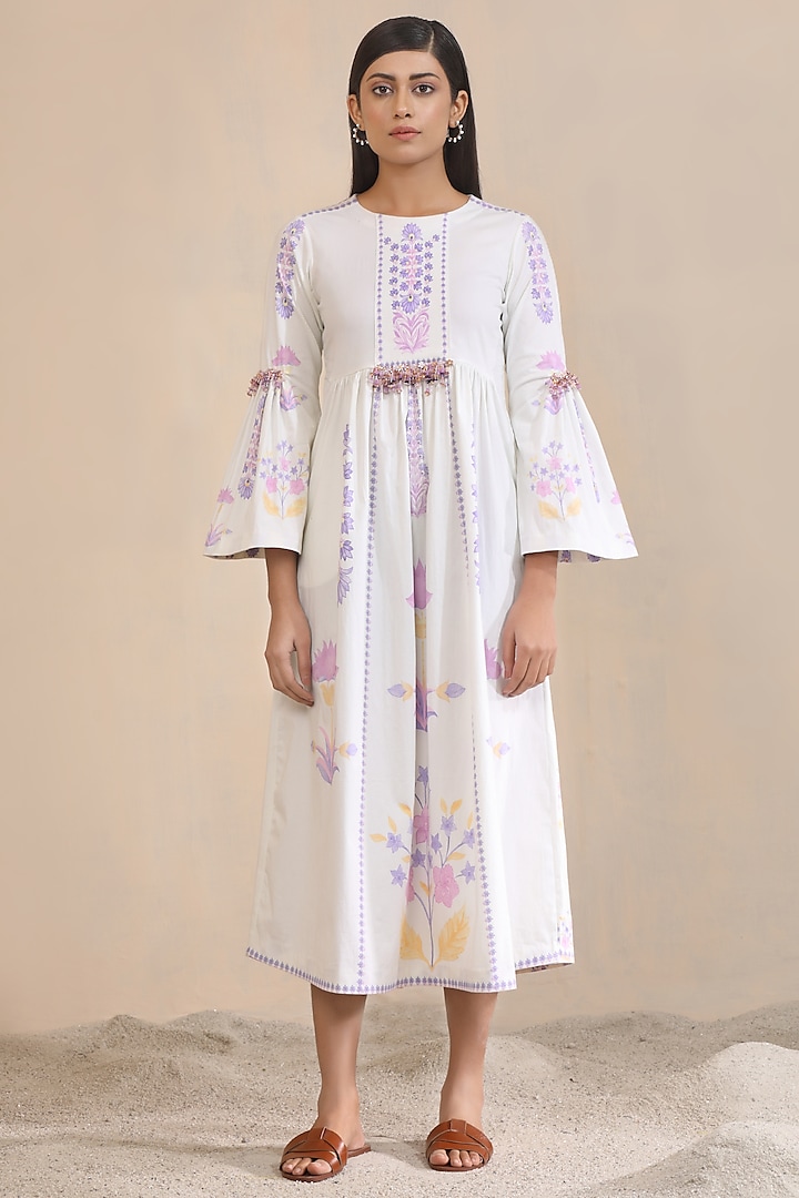 Cream Chanderi Bead Embellished Midi Dress by Sitaraa