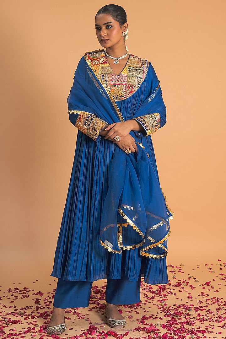 Blue Chanderi Gota Applique Work Kurta Set by Sitaraa at Pernia's Pop Up Shop