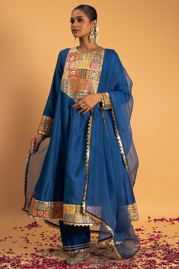 Blue Chanderi Gota Applique Work Kurta Set by Sitaraa at Pernia's Pop Up Shop