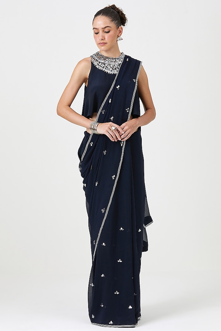 Navy Blue Crinkle Chiffon Saree Set by Sitaraa at Pernia's Pop Up Shop