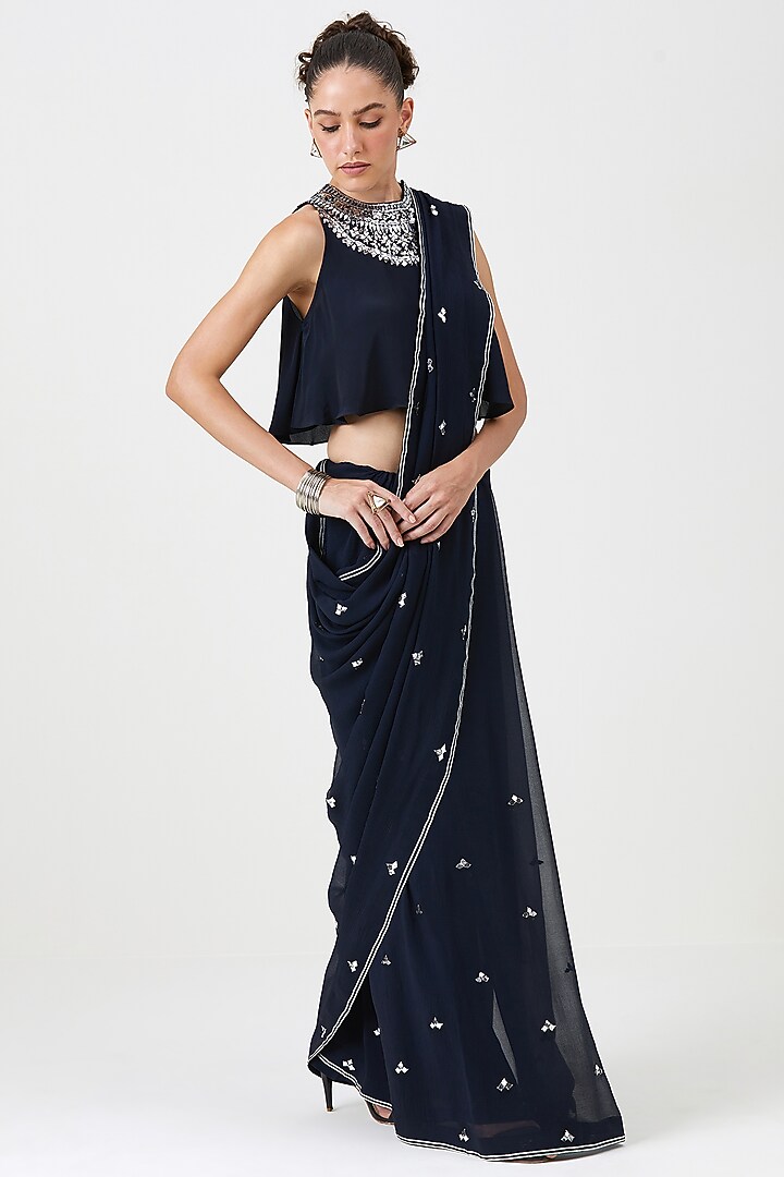 Navy Blue Crinkle Chiffon Wedding Saree Set by Sitaraa at Pernia's Pop Up Shop