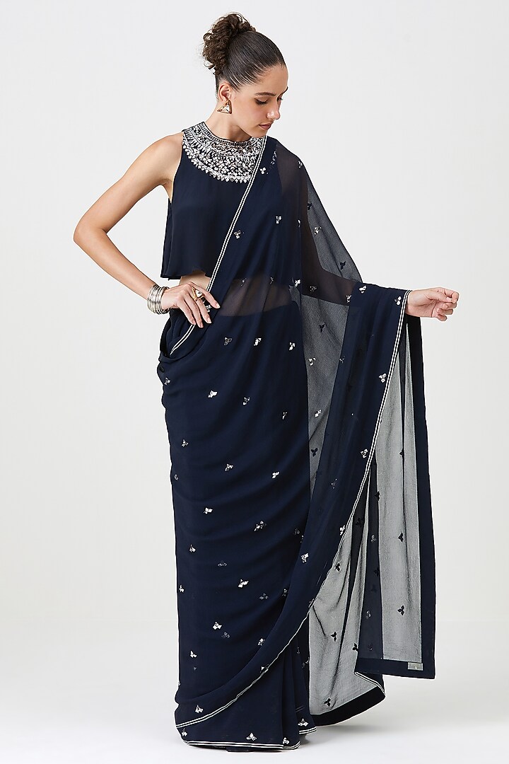 Navy Blue Crinkle Chiffon Wedding Saree Set by Sitaraa at Pernia's Pop Up Shop
