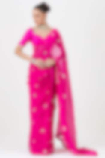 Neon Pink Crinkle Chiffon Saree Set by Sitaraa at Pernia's Pop Up Shop